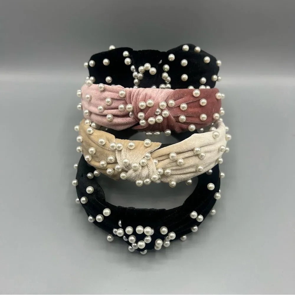 Lot of 4 Pearl-Studded Knot Headbands - Black, Pink, Cream